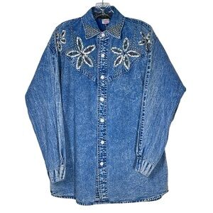 VTG LEE SANDS HAWAII Embellished Acid Wash Denim Long Sleeve Shirt Women's M